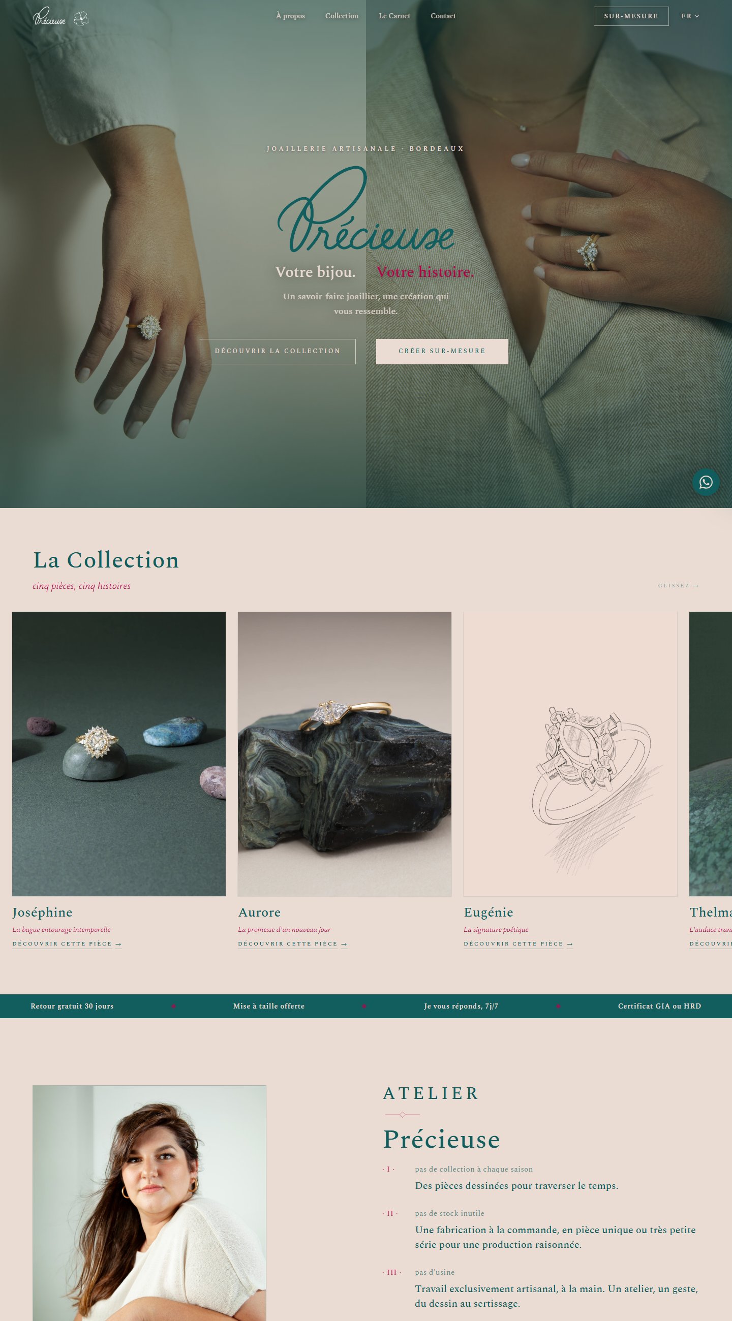 Pré-visualização do site da Précieuse Joaillerie: joias artesanais, coleções e criações à medida
